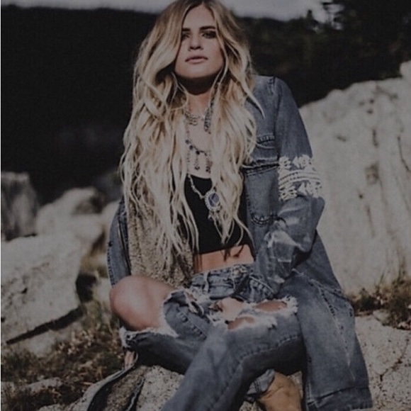 Free People Rendered Denim Sherpa Jacket Faux Fur Lined Embroidered Jean Coat - Picture 5 of 10